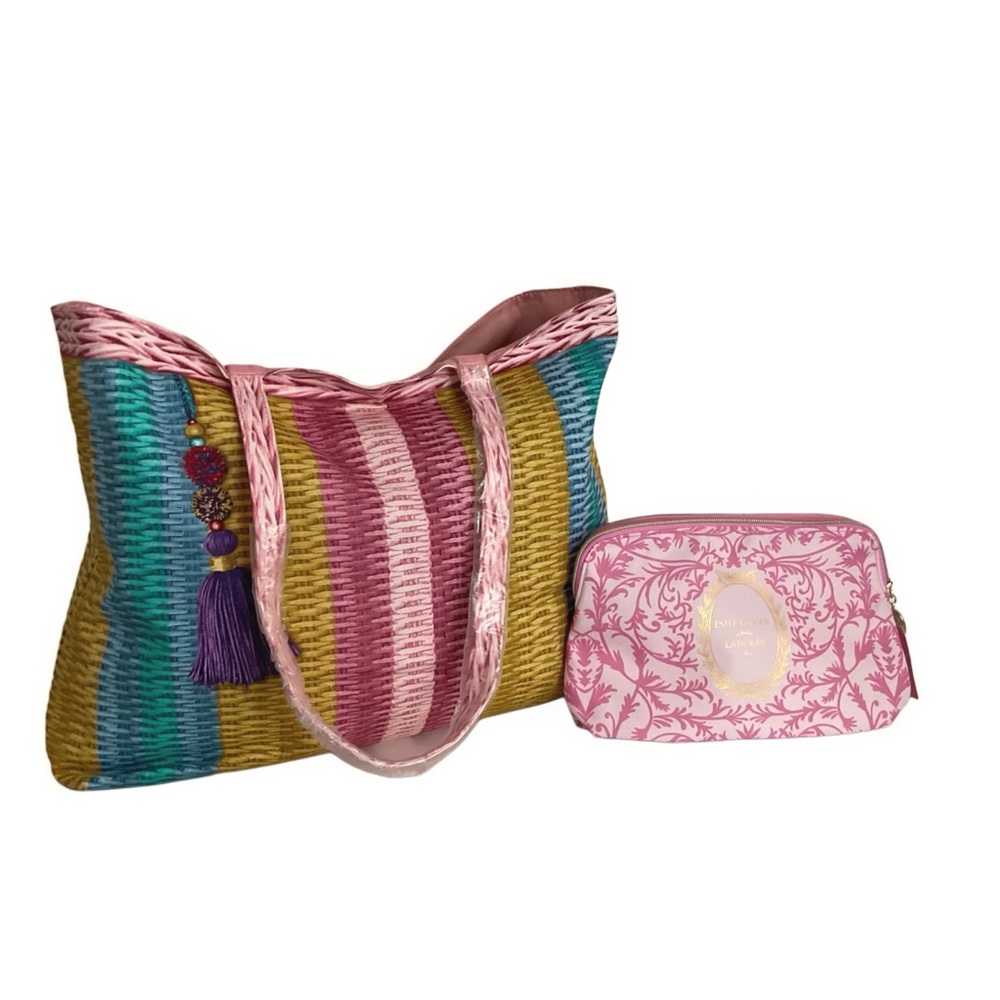 ESTEE LAUDER Multicolor Striped Tote Bag with Pink Cosmetic Bag